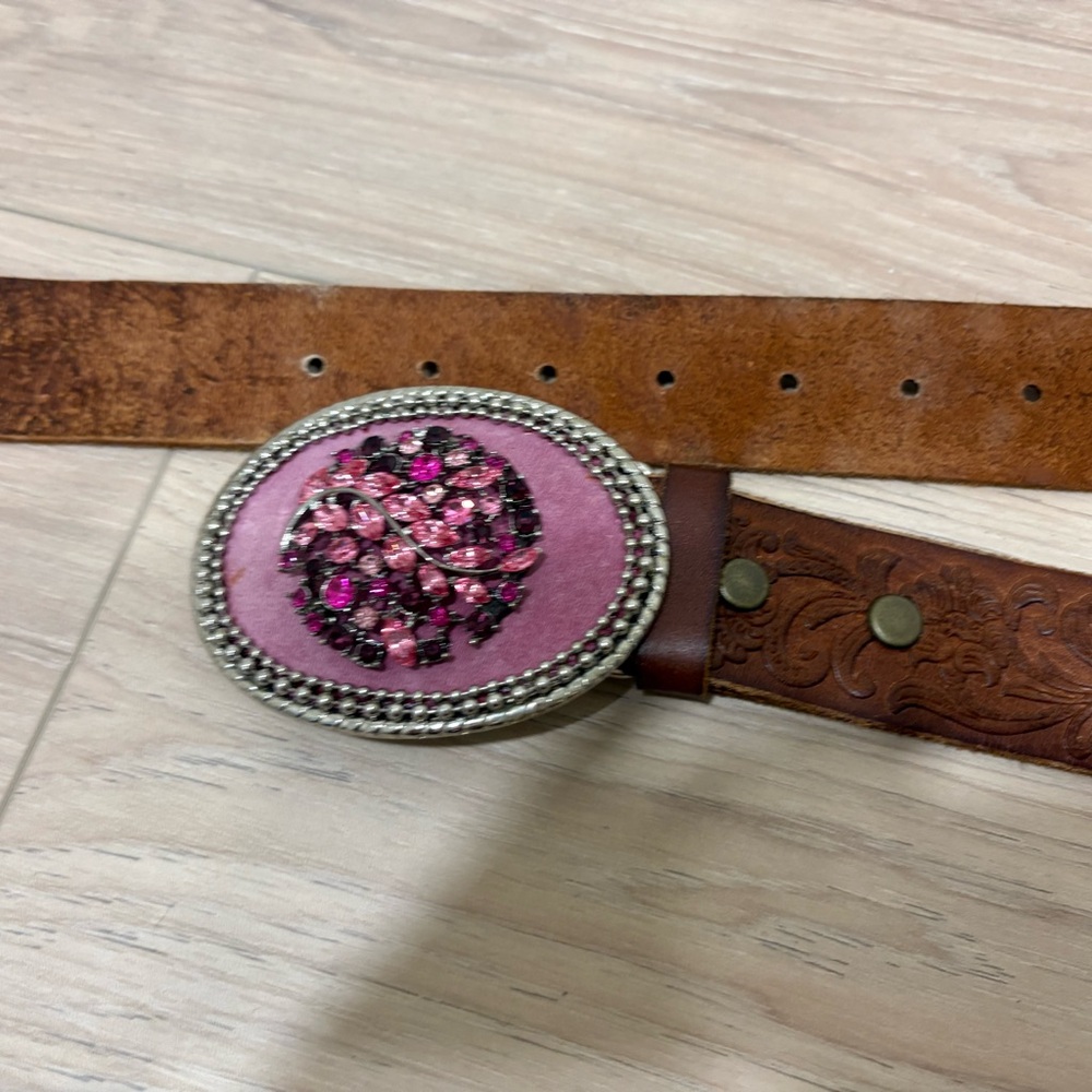 Western, Cowboy, Glamour, Brown Leather Belt with Pink Crystal Buckle